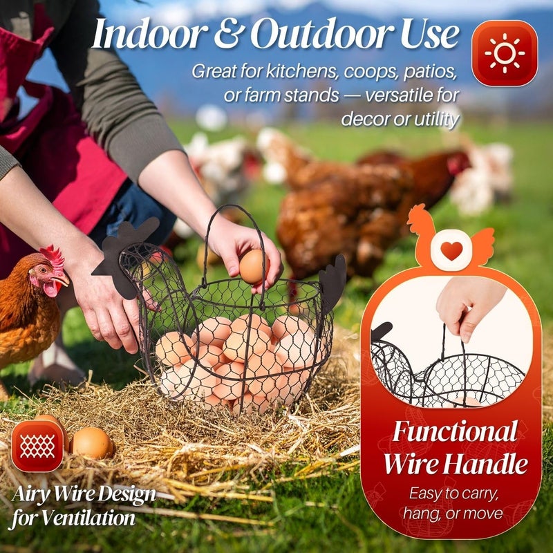 Flexzion Chicken Egg Basket for Collecting Eggs, Small Wire Egg Collecting Basket with Handle for Eggs, Fruits, Vegetables, Farmhouse Rustic Style Chicken Basket Decor for Kitchen Countertop, Brown - Image 3